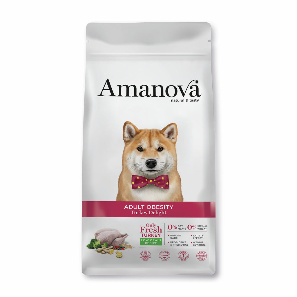 Amanova Adult Dog Food, Obesity, Turkey. Hypoallergenic low fat dog food. Low in fat and cholesterol.