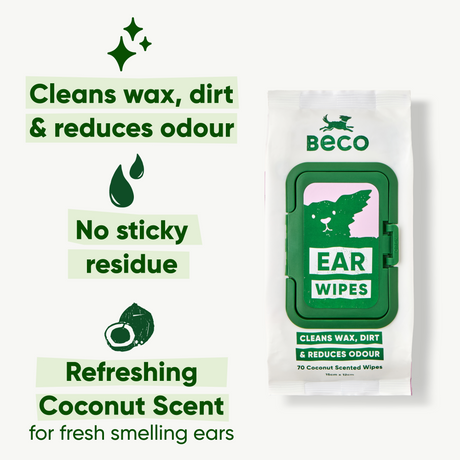 BECO Pets Ear Wipes for Dogs comes in a refreshing natural coconut scent. Beco Ear Wipes help clean wax, dirt and reduces odour, while not leaving any sticky residue.