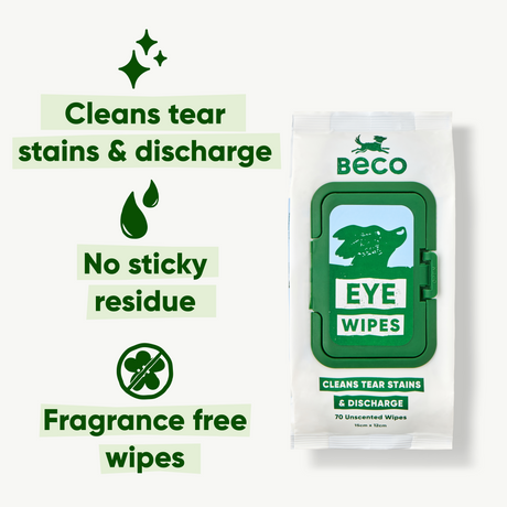 BECO Pets Eye Wipes for Dogs. Fragrance free, safe & gentle eye wipes for dogs. Cleans tear stains & discharge, leaving no sticky residue.