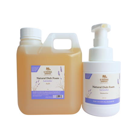G-Natural Dish Foam & Refil inl Lavender, Scented with 100% pure essential oil. A moisturizing, concentrated dish foam.