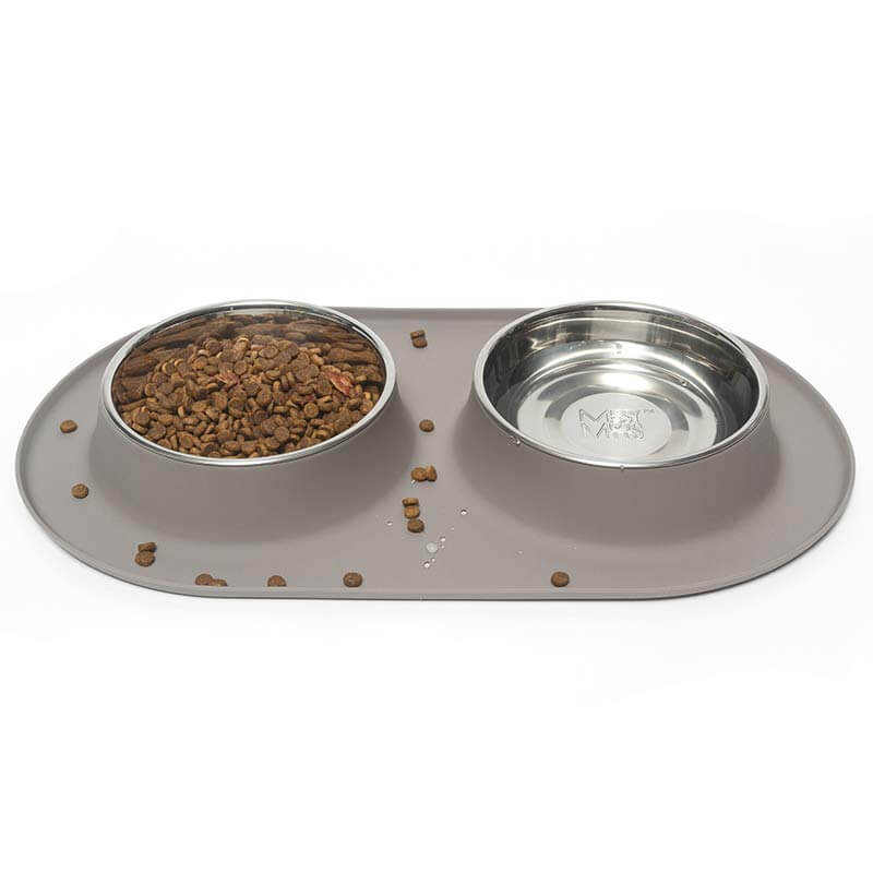 Messy Mutts Double Silicone Feeder with Bowl, Grey