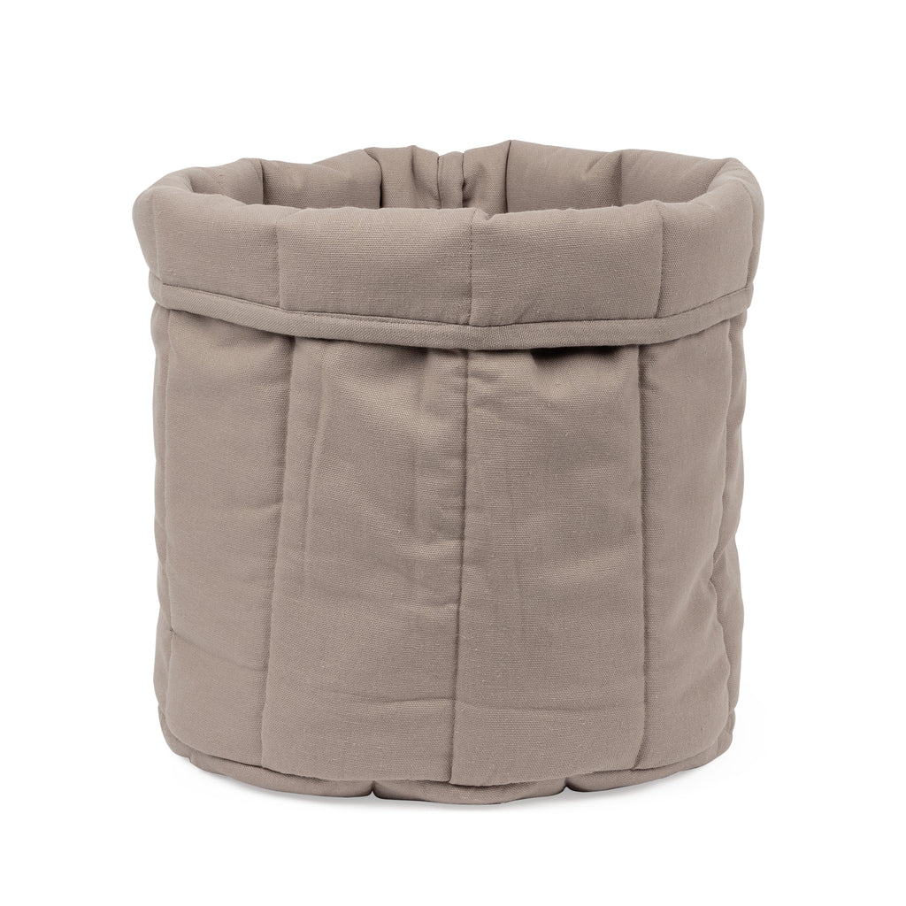 Breathable organic cotton cozy cat basket in classic dark sand by Tadazhi, eco-friendly and stylish resting spot for cats.