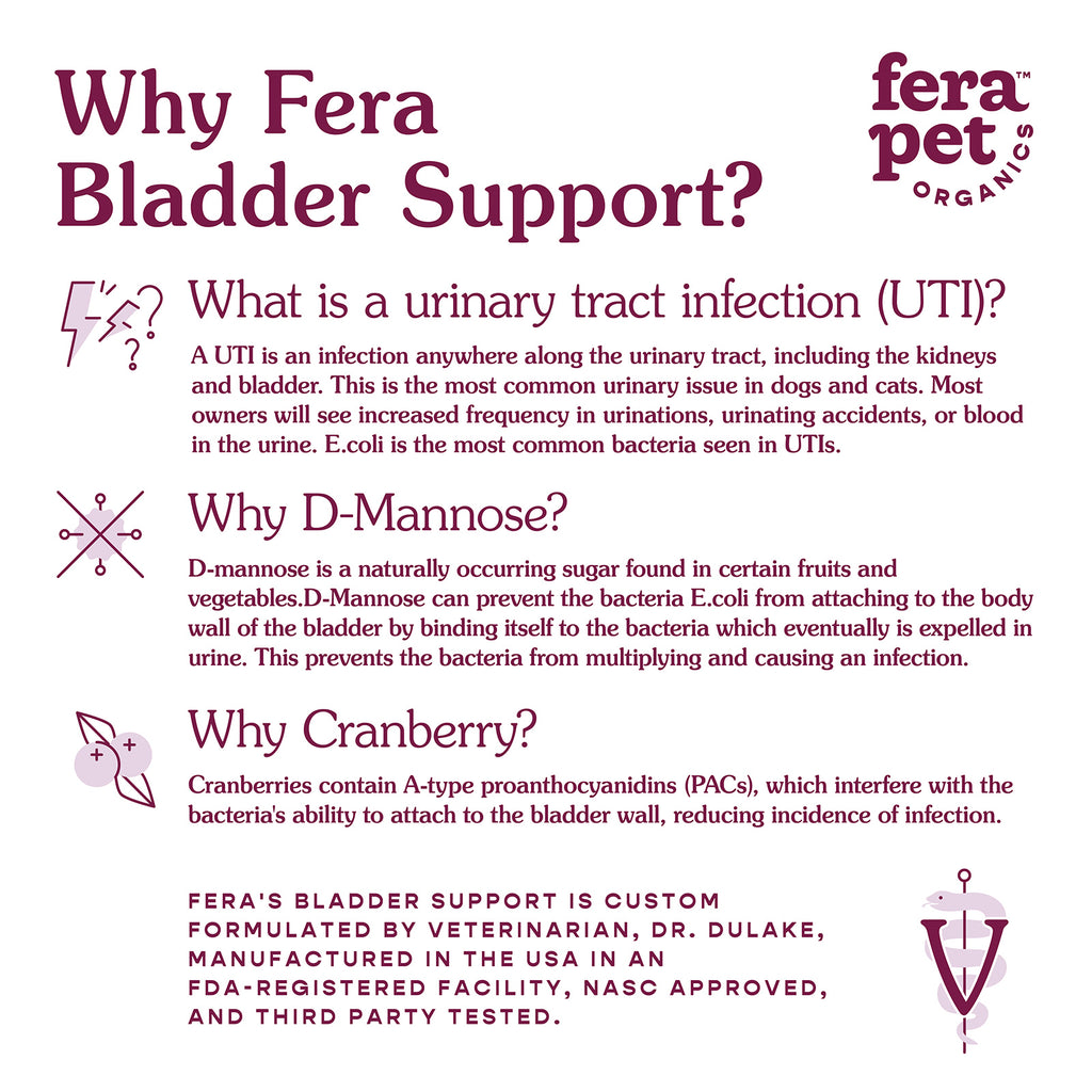Why Choose Fera Pets Bladder Support for Dogs & Cats? It contains D-Mannose which prevents bacteria from multiplying and also PACs which does not let bacteria attach to the bladder wall. Thus reducing UTIs in dogs & cats.