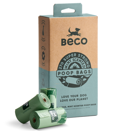 Beco mint scented poop bags in recycled packaging, front view