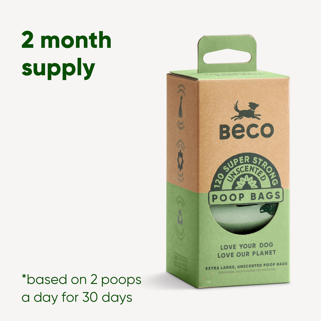 Beco poop bag pack sizes 120 bags - 2 month supply - based on 2 poops a day for 30 days