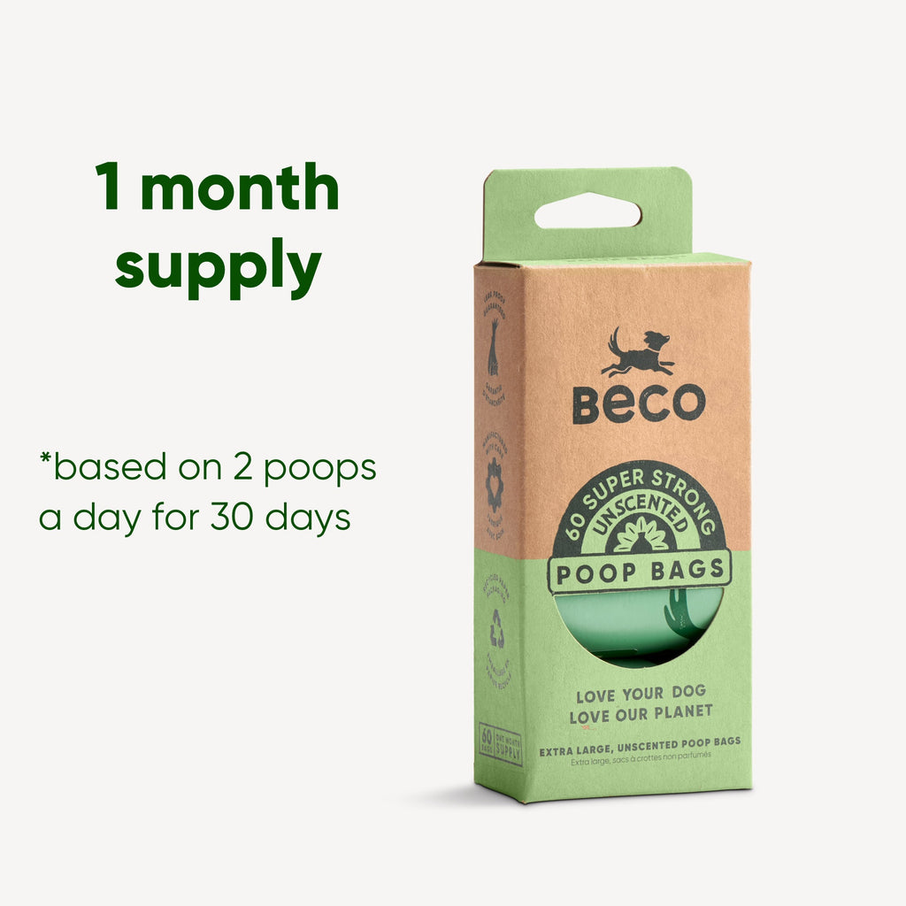 Beco poop bag pack sizes 60 bags - 1 month supply - based on 2 poops a day for 30 days