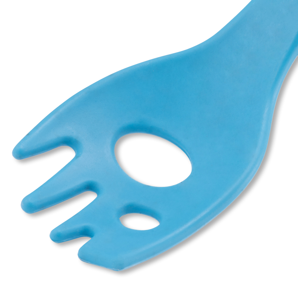 Close-up of a blue bamboo fork, perfect for scooping, mashing and mixing pet food