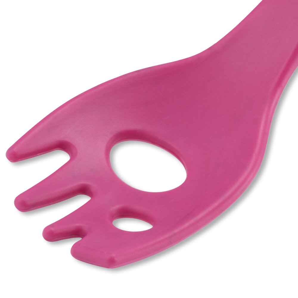 Close-up of a pink bamboo spork