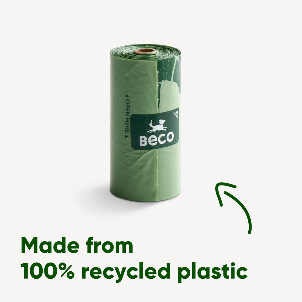 Made from 100% recycled plastic. Recyclable packaging and roll core of Beco poop bags.