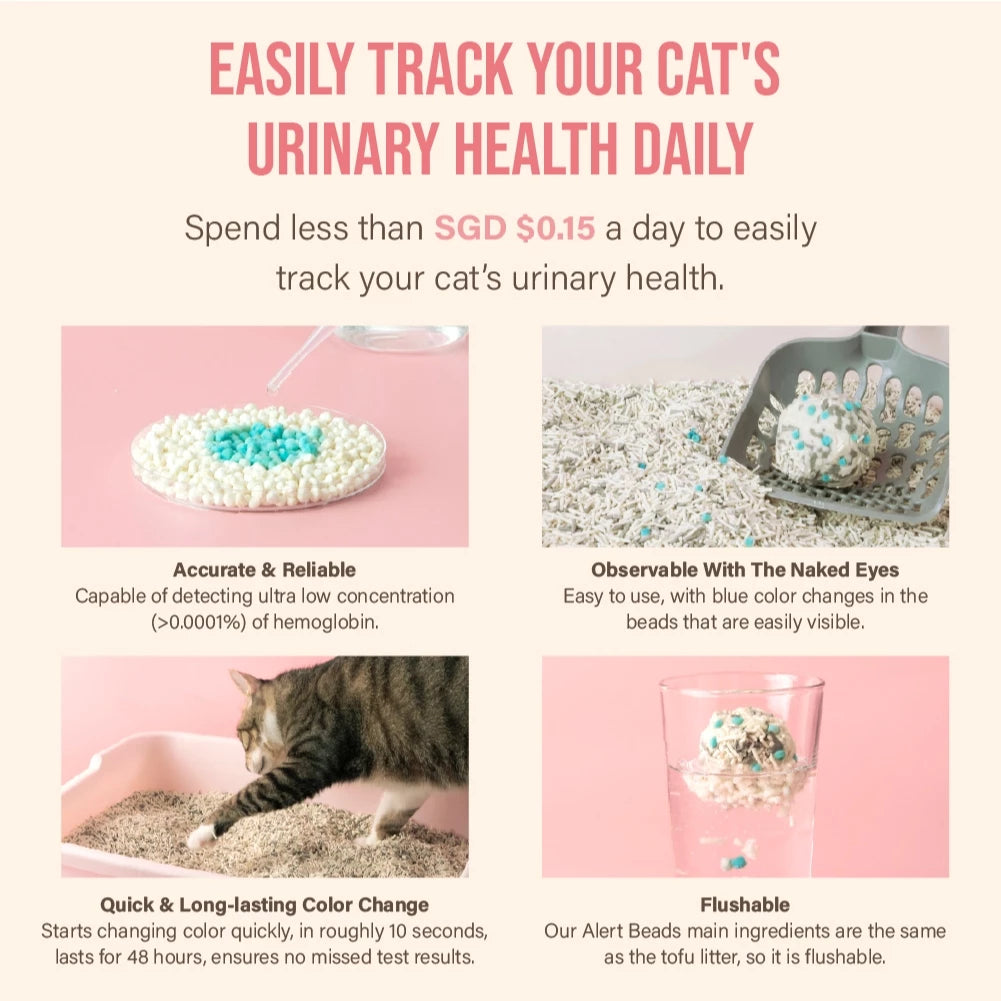 Infographic showing cat urinary health tracking features: accurate hemoglobin detection, observable blue color changes, quick 10-second response lasting 48 hours, and flushable beads