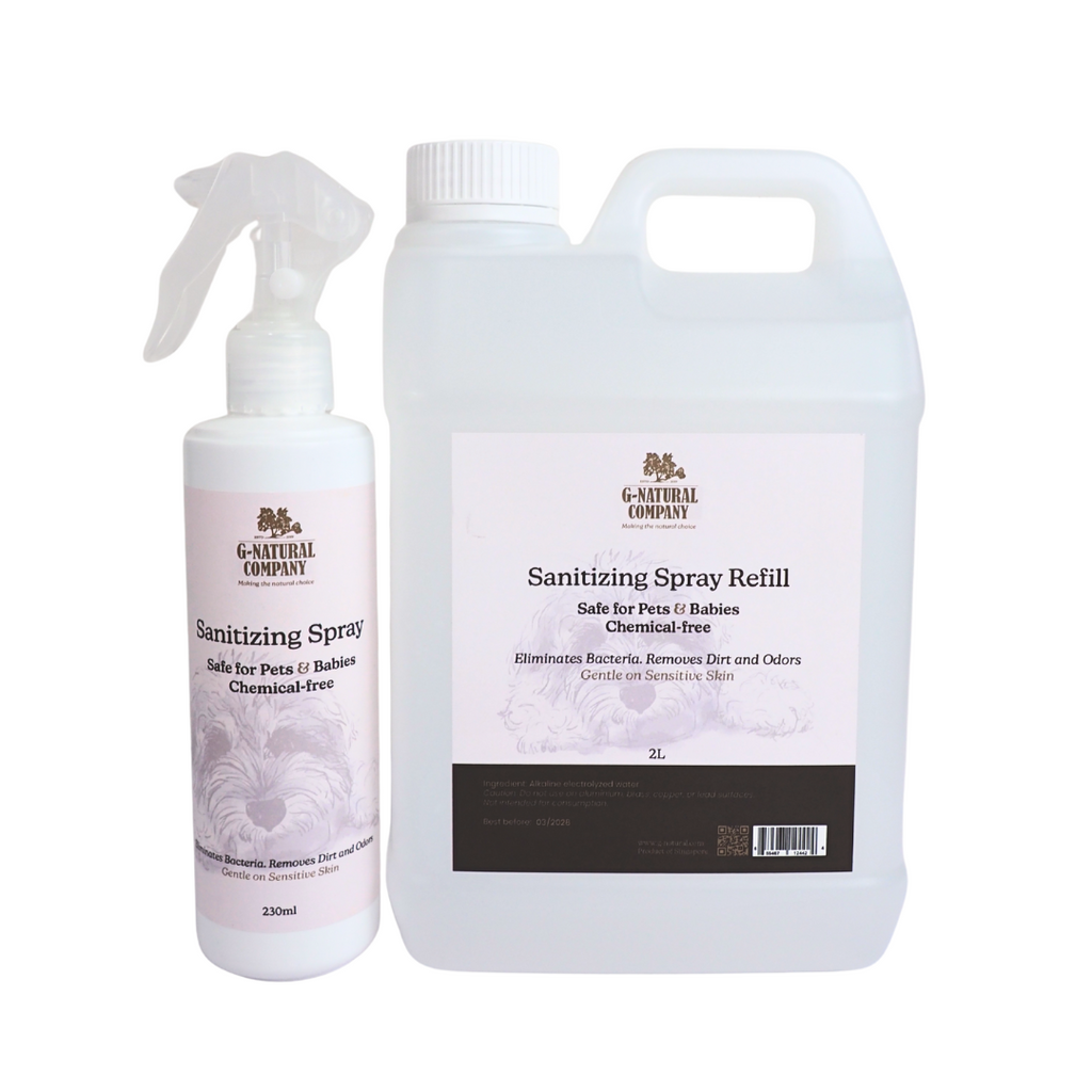 G-Natural alcohol-free sanitizing spray and refill bottle eliminating 99.99% harmful pathogens
