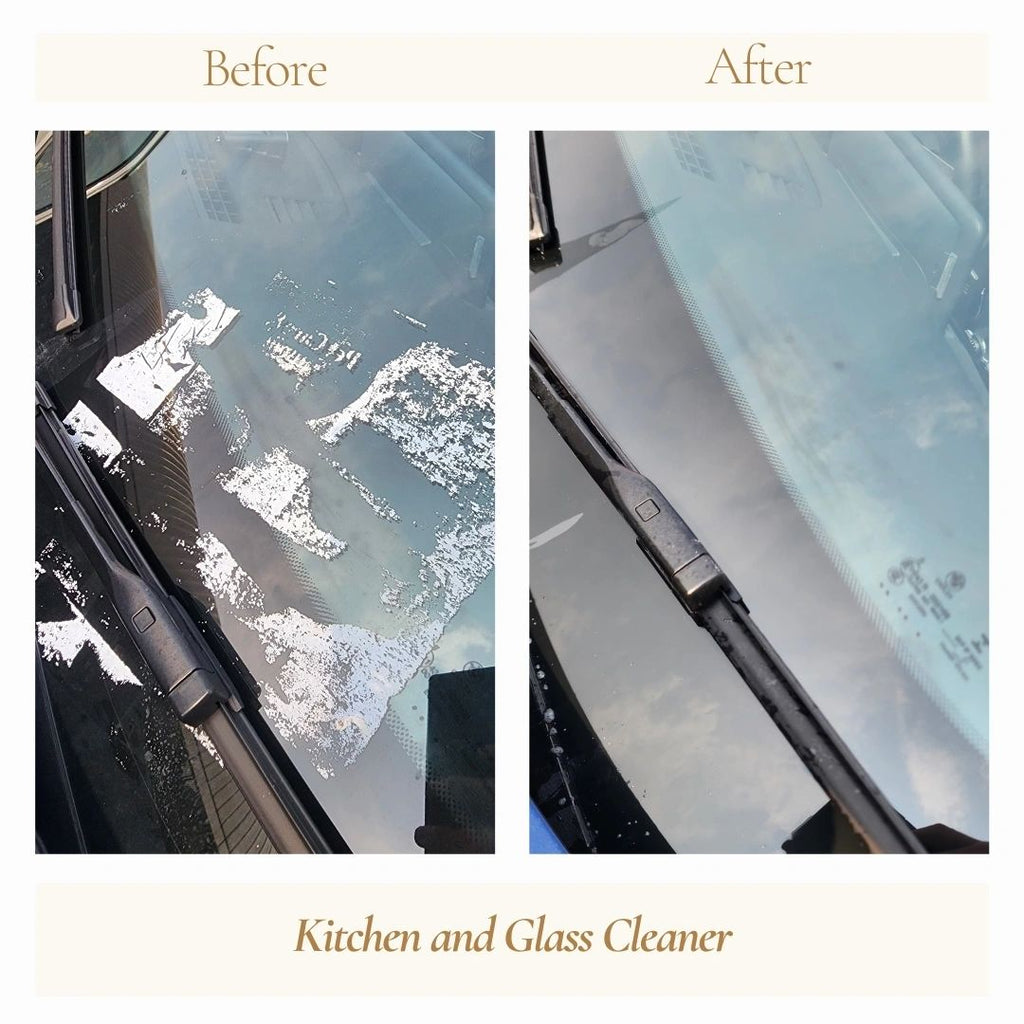 Before and after comparison of a car windshield with G-Natural kitchen and glass cleaner