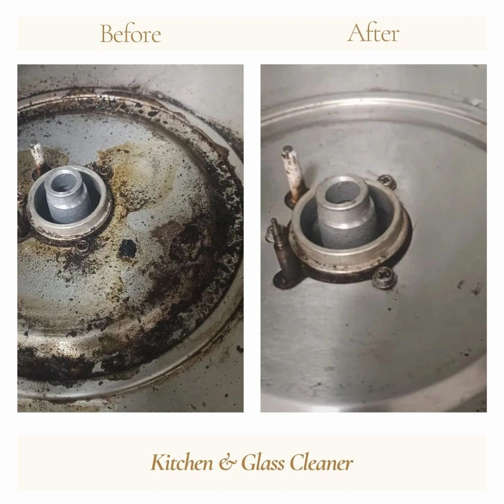 Before and after comparison of a metal surface cleaned with G-Natural kitchen and glass cleaner.