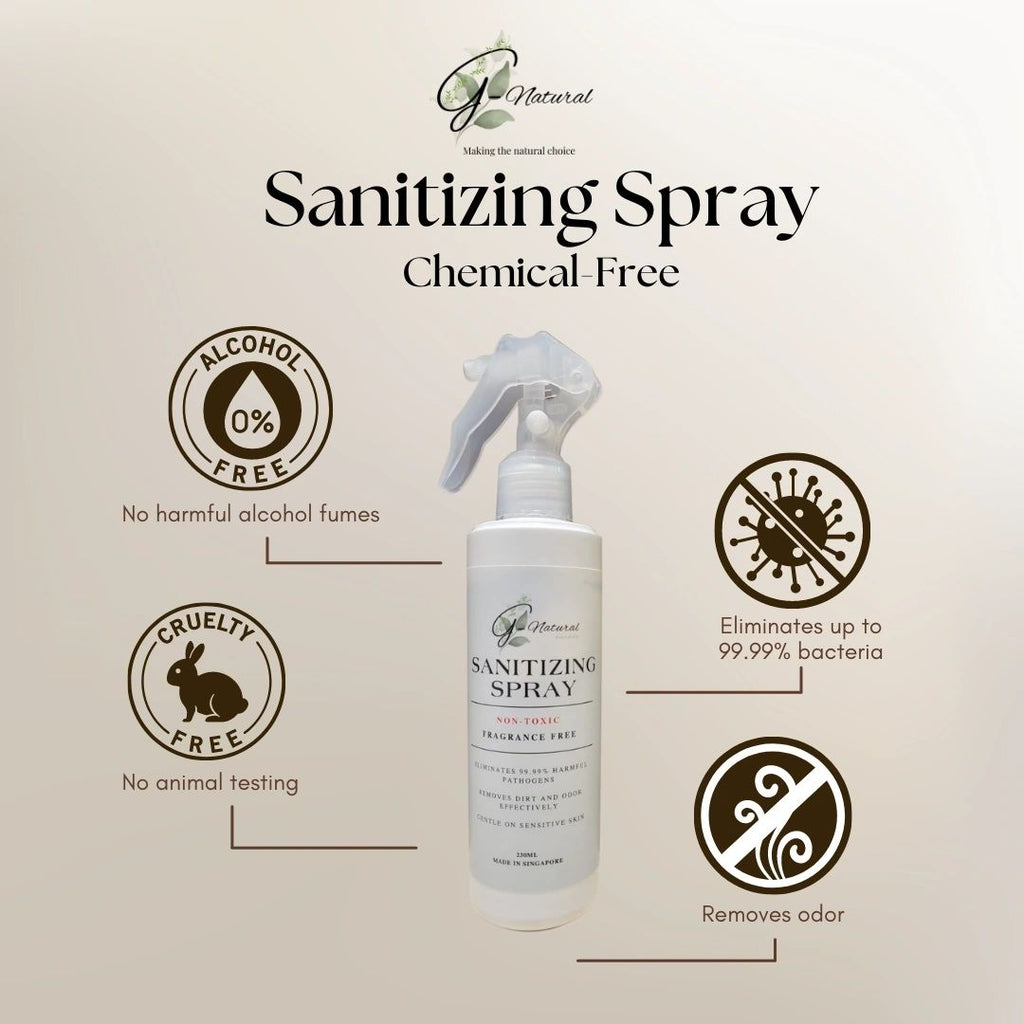 G-Natural sanitizing spray safe for families, elimiates up to 99.99% bacteria, removes odor, cruelty free