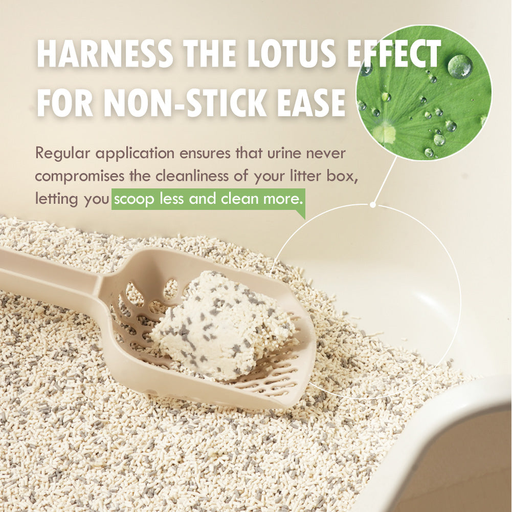 Lotus effect demonstration showing water droplets on leaf and clean litter scoop with non-stick coating