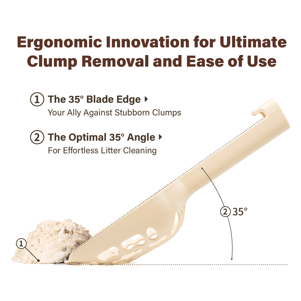 Ergonomic innovation diagram showing the 35-degree blade edge and optimal angle design of the Lady N cat litter scoop for effortless clump removal and cleaning