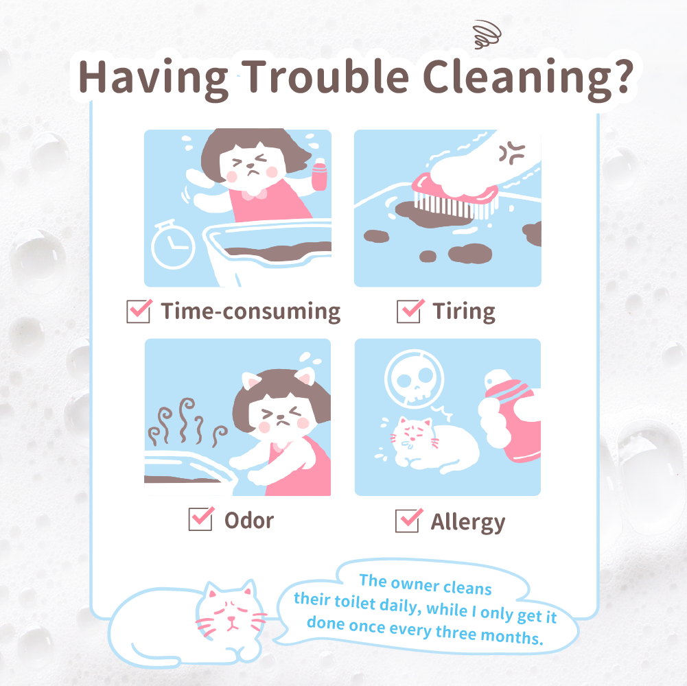 Common litter box cleaning problems infographic showing time-consuming, tiring, smelly and allergy issues