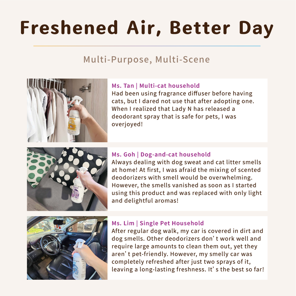 Customer testimonials showing LadyN pet deodorant spray being used in closets, on bedding, and in cars by pet owners
