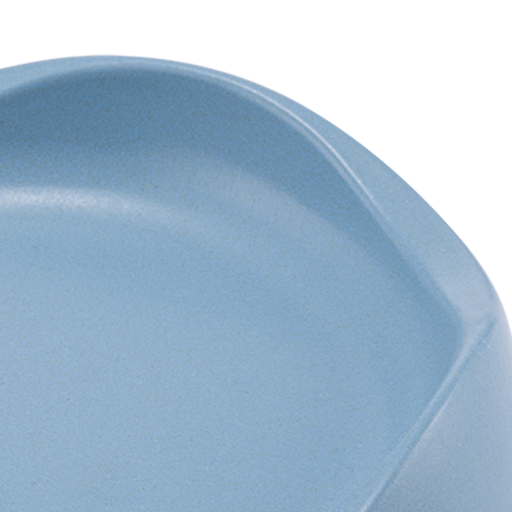 Close-up view of BECO bamboo cat bowl showing low rim detail to prevent cat whisker fatigue or stress