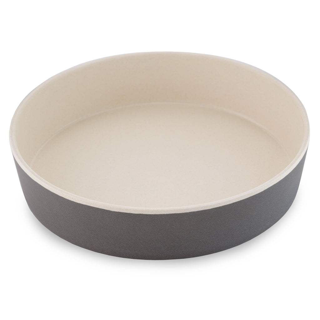 BECO low-rim bamboo cat bowl with Coastal Grey print design made from plant-based materials
