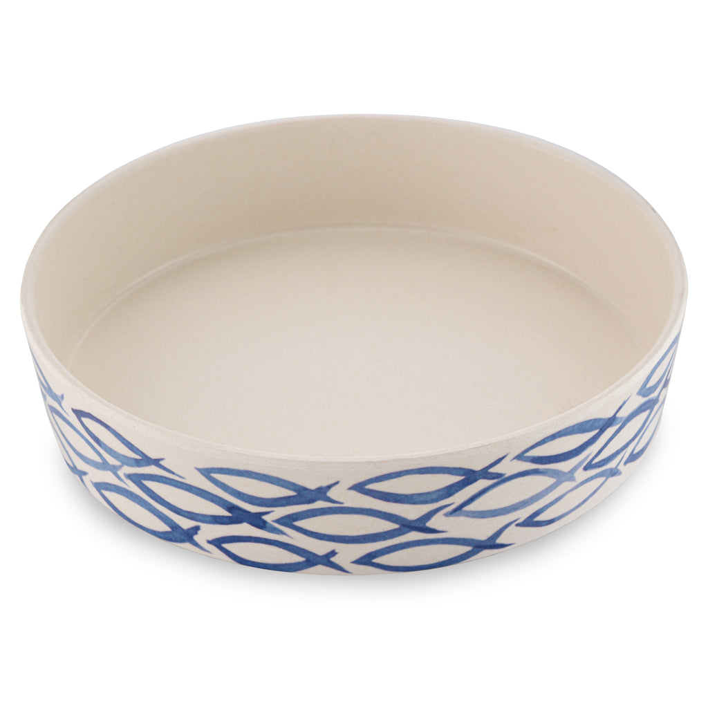 BECO low-rim bamboo cat bowl with Gone Fishing print design made from plant-based materials