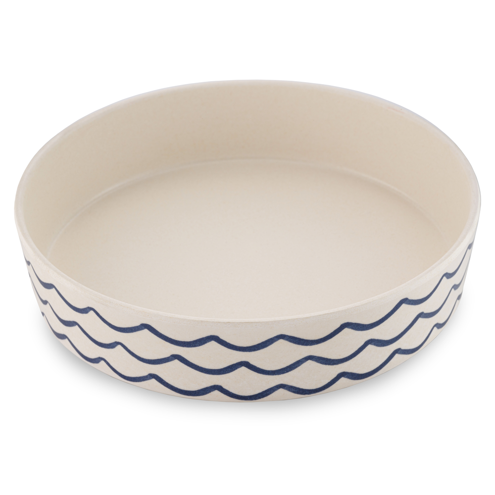 BECO low-rim bamboo cat bowl with Ocean Waves print design made from plant-based materials