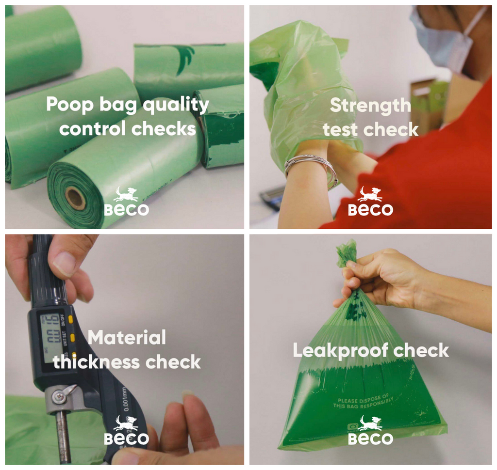 Beco poop bag undergoing quality control checks for thickness, leakproof performance, and strength